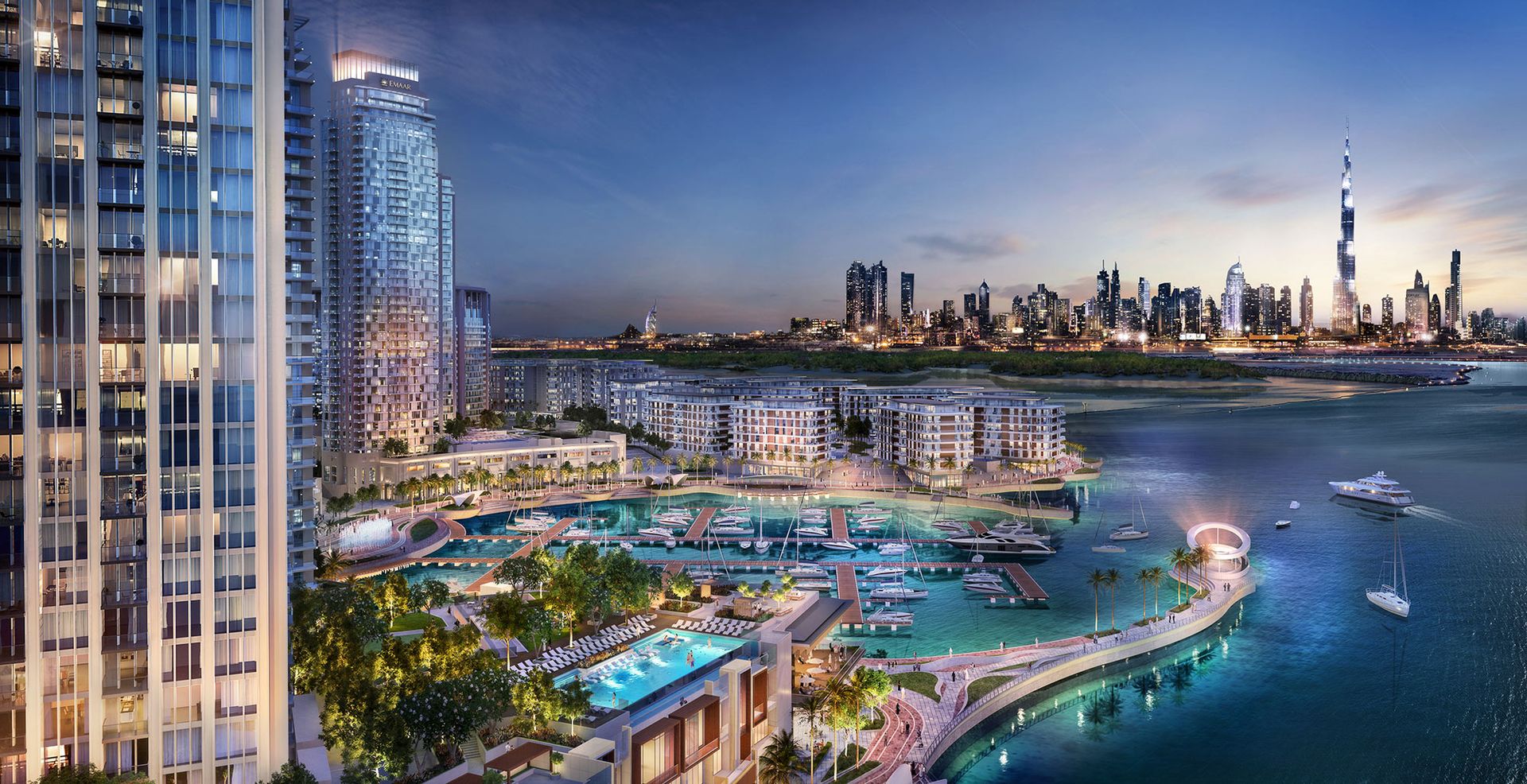 Visualization of Dubai Creek Harbour marina, waterfront towers and skyline