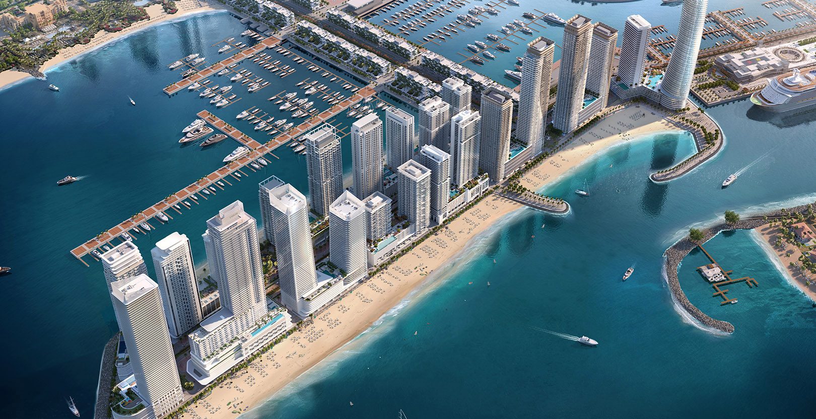 Aerial visualization of Emaar Beachfront towers, shoreline and marinas